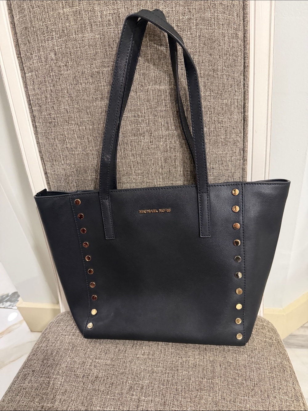 Michael Kors Navy Leather Tote with Gold Studs